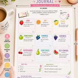 Peut inclure: Une page de journal Fruit of the Spirit mesurant 21,6 cm sur 27,9 cm. La feuille imprimable présente des sections pour l'amour, la joie, la paix, la patience, la bonté, la bienveillance, la fidélité, la douceur et la maîtrise de soi.