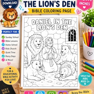 May include: A printable 8.5x11 inch Bible coloring page titled Daniel in the Lion's Den. The black and white line art features a central figure with hands clasped in prayer, surrounded by four lions within a stone den with a barred window.