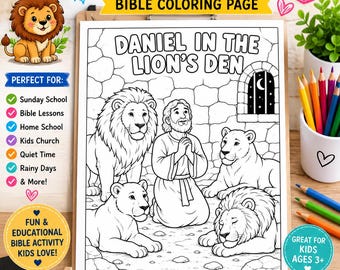 May include: A printable 21.6x27.9 cm Bible colouring page titled Daniel in the Lion's Den. The black and white line art features a central figure with hands clasped in prayer, surrounded by four lions within a stone den with a barred window.
