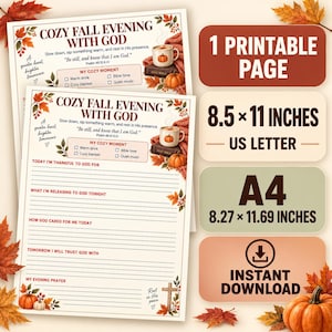 Pode incluir: Uma página de diário imprimível intitulada Cozy Fall Evening With God, com folhas de outono, uma abóbora e uma caneca. Inclui seções para oração e reflexão, nos tamanhos 21,59 x 27,94 cm e A4, 21 x 29,7 cm.