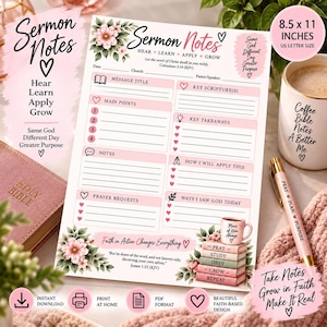 Peut inclure: Une feuille de notes de sermon imprimable de 21,59 x 27,94 cm, avec un motif floral rose et blanc, comprenant des sections pour le titre du message, les écritures, les points principaux, les notes, l'application et les requêtes de prière.