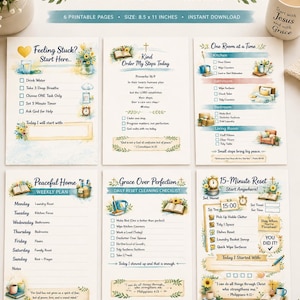 May include: A set of six printable pages titled Grace Over Perfection, featuring Christian home reset checklists and planners. Each 8.5 x 11 inch page includes watercolor floral illustrations, checkboxes, and scripture verses to organize daily household tasks.