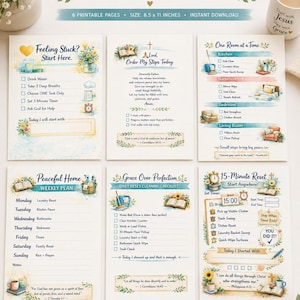 May include: A set of six printable pages titled Grace Over Perfection, a Christian home reset bundle. Each page features watercolour illustrations, checklists, and scripture verses. The pages measure 21.6 x 27.9 cm and include daily cleaning tasks, weekly plans, and reset guides.