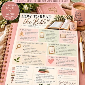May include: A printable guide titled HOW TO READ the Bible, featuring seven numbered steps for study, including Pray First, Choose a Plan, and Read Slowly. The document includes sections for Tips for Success, Bible Reading Plan Ideas, and a My Commitment area, all formatted on an 8.5 x 11 inch page with floral accents.