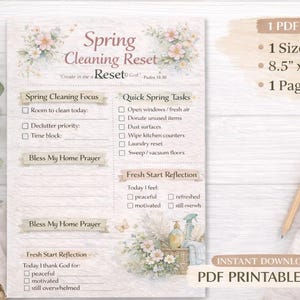May include: A printable PDF file with a spring cleaning checklist. The design features floral accents and text that reads "Spring Cleaning Reset." The checklist includes sections for cleaning focus, quick tasks, and reflection. The file size is 8.5" x 11".