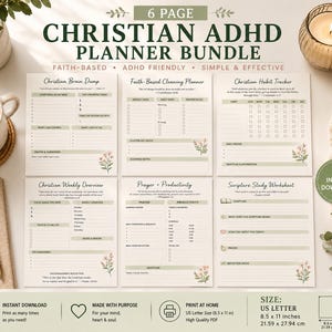 May include: A 6-page Christian ADHD planner bundle featuring six distinct templates: Christian Brain Dump, Faith-Based Cleaning Planner, Christian Habit Tracker, Christian Weekly Overview, Prayer + Productivity, and Scripture Study Worksheet, sized 8.5 x 11 inches.