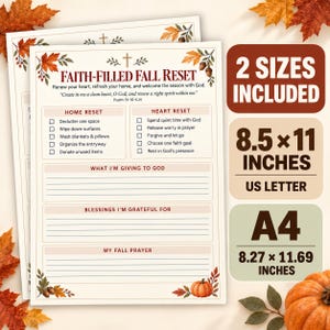 Könnte beinhalten: Eine druckbare Faith-Filled Fall Reset Checkliste mit Herbstblatt- und Eichelillustrationen. Sie enthält Abschnitte für Haus, Herz und Gebete. Erhältlich in den Formaten 8,5 x 11 Zoll und A4 (21 x 29,7 cm).