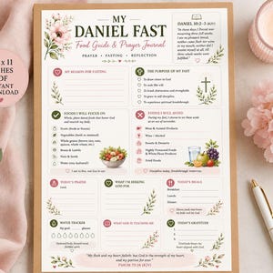 Pu&ograve; includere: Una pagina stampata di guida alimentare e diario di preghiera per il digiuno di Daniele con motivi floreali, sezioni per gli obiettivi del digiuno, liste di cibi, un tracker dell'acqua e spazi per riflessioni quotidiane, preghiere e versetti.