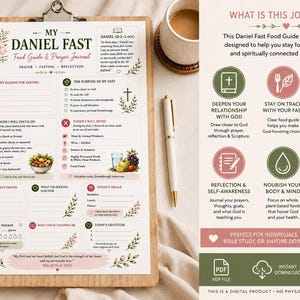 Pu&ograve; includere: Una guida alimentare e diario di preghiera per il digiuno di Daniele stampato su carta, con sezioni per obiettivi, liste di cibi, tracciamento dei pasti e gratitudine, incluse illustrazioni floreali e il testo di Daniele 10:3.