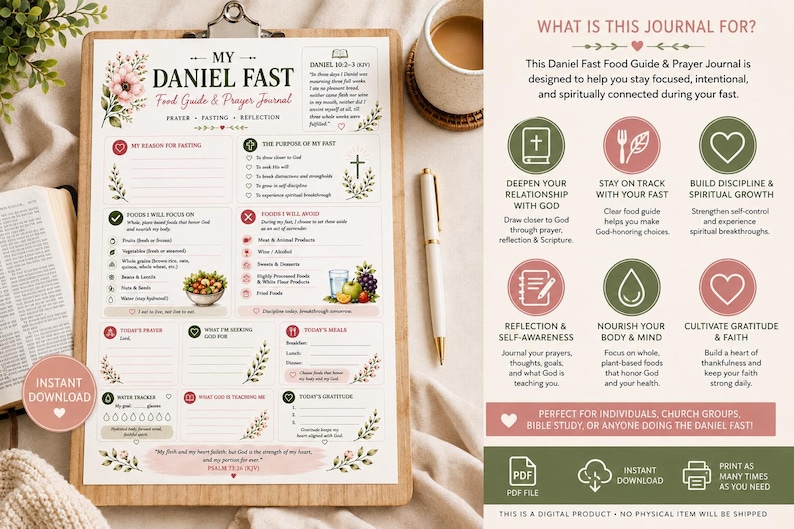 Pu&ograve; includere: Una guida alimentare e diario di preghiera per il digiuno di Daniele stampato su carta, con sezioni per obiettivi, liste di cibi, tracciamento dei pasti e gratitudine, incluse illustrazioni floreali e il testo di Daniele 10:3.
