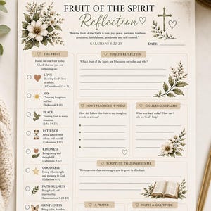 May include: Printable PDF worksheet, 8.5 x 11 inches, featuring the "Fruit of the Spirit" theme. Includes sections for reflection, practice, challenges, scripture, prayer, and gratitude. Decorated with floral accents and text from Galatians 5:22-23.