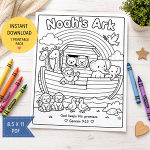 May include: Black and white line art coloring page titled "Noah's Ark" featuring illustrations of animals, Noah, and a rainbow. Includes the text "God keeps His promises. Genesis 9:13". Includes a yellow circle with the text "Instant Download".