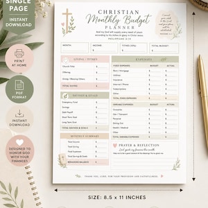 May include: A printable Christian monthly budget planner with a faith-based design. The planner includes sections for income, expenses, savings, and a monthly summary. The size is 8.5 x 11 inches.