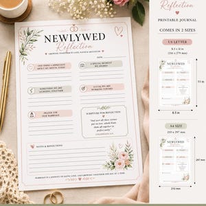 May include: A printable Newlywed Reflection journal page featuring floral accents, wedding ring icons, and prompts for daily gratitude, prayer, and scripture. The document includes dimensions of 8.5 x 11 inches and 210 x 297 mm for A4 size.