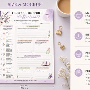 May include: A printable journal page with the text "Fruit of the Spirit Reflection." The page is 8.5 x 11 inches (21.6 x 27.9 cm) and features floral illustrations, a cross, and sections for reflection and journaling.