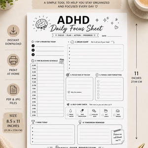 ADHD Daily Focus Sheet, Productivity Planner for Adults, Teens (PDF, JPG)