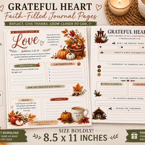 Op de afbeelding: Een printbare journal-set van twee pagina's getiteld Grateful Heart Faith-Filled Journal Pages, met een afmeting van 21,6 bij 27,9 cm. De pagina's bevatten herfstachtige illustraties van pompoenen, bladeren en een mand met appels, met secties voor dagelijkse overdenkingen, dankbaarheid en gebedsdagboek.