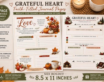 May include: A two-page printable journal bundle titled Grateful Heart Faith-Filled Journal Pages, measuring 8.5 by 11 inches. The pages feature autumn-themed illustrations of pumpkins, fall leaves, and a basket of apples, with sections for daily devotions, gratitude, and prayer journaling.