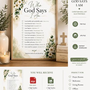 Może przedstawiać: Oprawiony chrześcijański wydruk ścienny z tekstem "Who God Says I Am". Wydruk zawiera listę afirmacji i kwiatowe dekoracje. Obraz pokazuje również plik PDF i JPG oraz tekst "8x10 Inches".