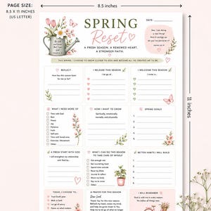 May include: Spring Reset journal page, printable PDF, 8.5 x 11 inches. Features a floral design with a watering can and butterflies. Includes sections for reflection, goals, and self-care, with inspirational text.