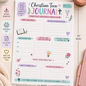 May include: A printable Christian Teen Journal page measuring 8.5 by 11 inches. The worksheet features sections for Bible verses, prayers, blessings, and gratitude, decorated with colorful hearts, flowers, and a lightbulb icon with text.