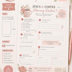 May include: Printable PDF morning routine journal, US letter size 8.5 x 11 inches. The design features a pink and white color scheme with floral accents. Includes sections for prayer, gratitude, and daily planning.