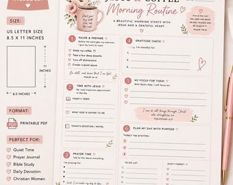 Può includere: Diario della routine mattutina PDF stampabile, formato US Letter 21,6 x 27,9 cm. Il design presenta una combinazione di colori rosa e bianco con accenti floreali. Include sezioni per la preghiera, la gratitudine e la pianificazione quotidiana.