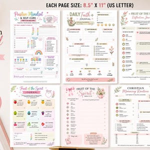 Peut inclure: Un ensemble de journaux chrétiens composé de six pages imprimables, mesurant chacune 21,59 cm sur 27,94 cm. Les pages présentent divers messages, listes de contrôle et illustrations florales aux tons pastel, conçus pour la réflexion quotidienne.