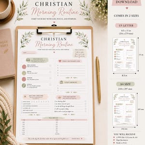 May include: A Christian Morning Routine planner sheet on a clipboard with a gold pen. The document features sections for Bible reading, prayer, gratitude, and daily goals, with text in English, measuring 210 x 297 mm and 8.5 x 11 inches.
