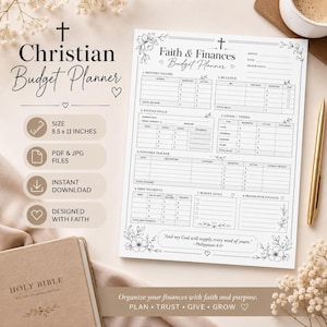May include: A Christian Budget Planner with the text "Faith & Finances Budget Planner." The planner is 8.5 x 11 inches and includes sections for income, savings, expenses, and debt payments. The design includes floral accents and the Bible verse Philippians 4:19.