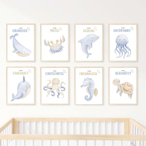Juego de 8 carteles de afirmación para habitaciones de niños y bebés, tamaño A3, A4 | animales marinos | descarga digital | Decoración de pared