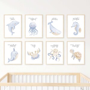 Juego de 8 carteles de afirmación para habitaciones de niños y bebés, tamaño A3, A4 | animales marinos | descarga digital | decoración de pared |