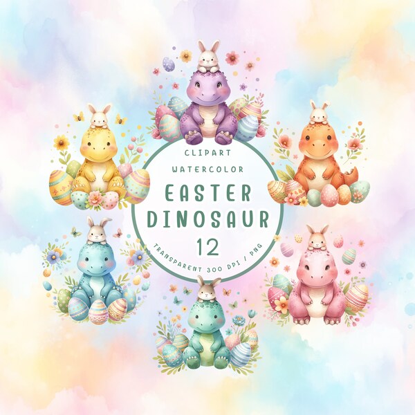 Easter Dinosaur Clipart | Watercolor Dino Easter Egg | Easter Decor | High-Resolution PNG | Transparent Background | Commercial Use