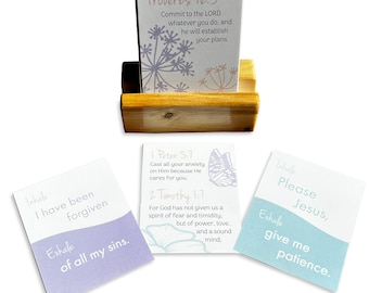 Tarjetas de oración con versículo bíblico: afirmaciones cristianas y soporte de madera hecho a mano