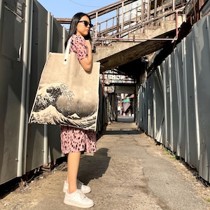 XL Canvas Tote Bag: Wave Graphic, Eco Friendly Reusable Shopper
