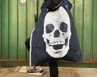 XL DenimBag de gran tamaño, cráneo Anatomía Estética Gráfico Reutilizable Ecológico Bolsa de mano de lona multiusos, Compras, Trabajo, Gimnasio, Playa, Viaje