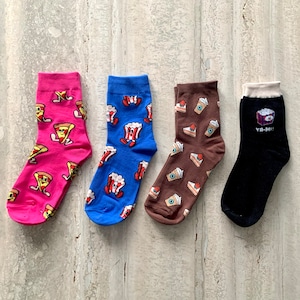 Fun Colorful Pizza, Popcorn, Coffee and Cake Socks for Women and Teenager, High Quality Cotton Socks for Holiday Gift