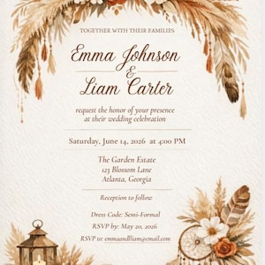 Op de afbeelding: Trouwkaart met een bohemian thema. De uitnodiging toont de namen "Emma Johnson & Liam Carter" en evenementdetails. Het ontwerp bevat bloemen- en veermotieven in bruin, oranje en wit. De tekst luidt "verzoeken de eer van uw aanwezigheid".