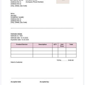 May include: A white document titled "ESTIMATE" with a logo in the upper right corner. The document includes fields for company and client information, a product/service table, and a total amount. The estimate number is 1001.