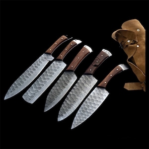 Hand Forged Damascus Chef Knife Set: Full Tang, Hardwood Handle