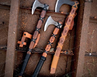 Juego de 3 hachas Ragnar forjadas a mano, hacha vikinga con barba, hacha de guerrero nórdico, regalo para él, padrinos de boda hechos a mano, cumpleaños, regalo de Navidad