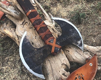 Hacha vikinga de doble filo forjada a mano con funda de cuero. Regalo de Eric para él, aniversario, boda de padrinos de boda o cumpleaños.