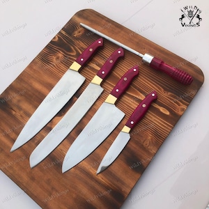 Handmade Steel Chef Knife Set: Pink Wood Handles, Kitchen Knives (4 Pcs)