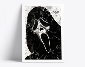 Plakat z Ghostface | Ikona horroru | Kolaż z gazet i magazynów na Halloween