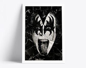 Plakat „Pocałunek Gene'a Simmonsa” | Wydruk artystyczny legendy muzyki | Kolaż z gazet i magazynów