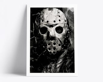 Plakat Jasona Voorheesa | Wydruk artystyczny z ikoną horroru | Kolaż z gazet i magazynów na Halloween