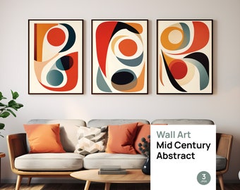 Impresiones abstractas de arte mural, conjunto de 3 carteles, decoración de pared de estilo moderno de mediados de siglo, arte imprimible retro, descarga digital instantánea