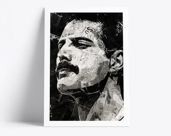 Plakat z Freddiem Mercurym | Wydruk artystyczny z legendą muzyki | Kolaż z gazet i magazynów