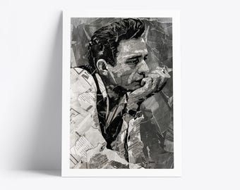 Plakat Johnny'ego Casha | Wydruk artystyczny legendy muzyki country | Kolaż z gazet i magazynów
