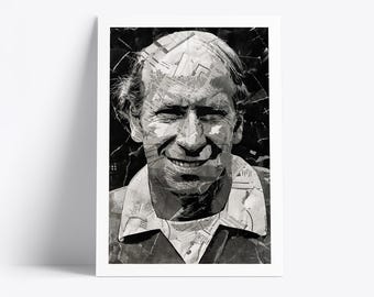 Plakat Bobby'ego Charltona | Wydruk artystyczny legendy futbolu | Kolaż z gazet i magazynów